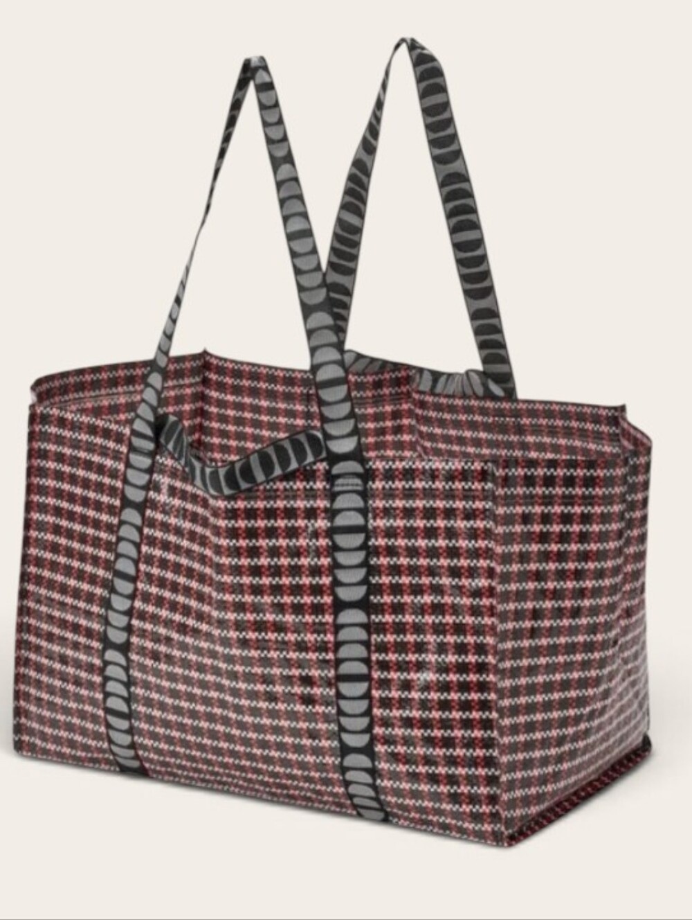 Red & Black Checked Tote Bag with Gray Straps
